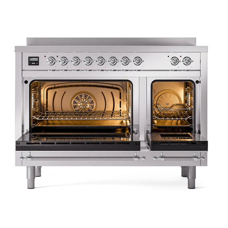 ILVE Nostalgie II Noblesse 48" Induction Freestanding Range in Stainless Steel with Chrome Trim, UNI486QNMPSSC