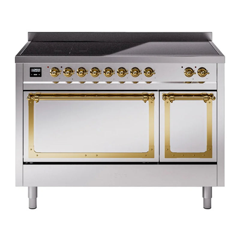 ILVE Nostalgie II Noblesse 48" Induction Freestanding Range in Stainless Steel with Brass Trim, UNI486QNMPSSG