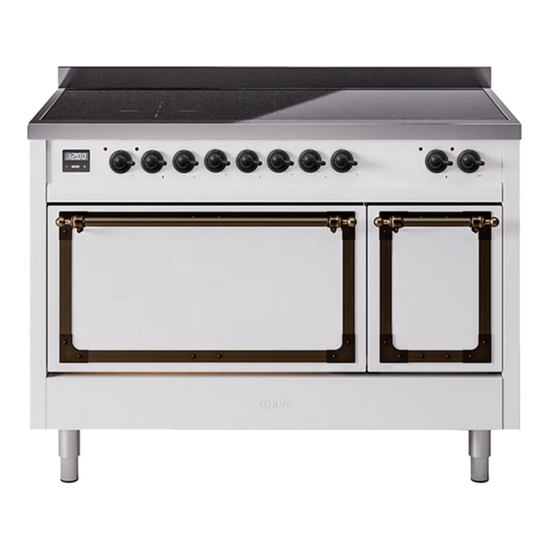 ILVE Nostalgie II Noblesse 48" Induction Freestanding Range in White with Burnished Trim, UNI486QNMPWHB