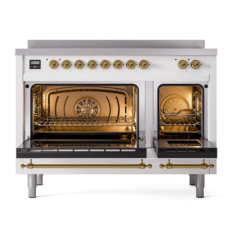 ILVE Nostalgie II Noblesse 48" Induction Freestanding Range in White with Brass Trim, UNI486QNMPWHG