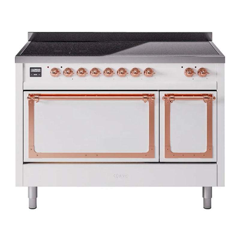 ILVE Nostalgie II Noblesse 48" Induction Freestanding Range in White with Copper Trim, UNI486QNMPWHP