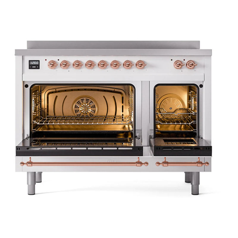 ILVE Nostalgie II Noblesse 48" Induction Freestanding Range in White with Copper Trim, UNI486QNMPWHP