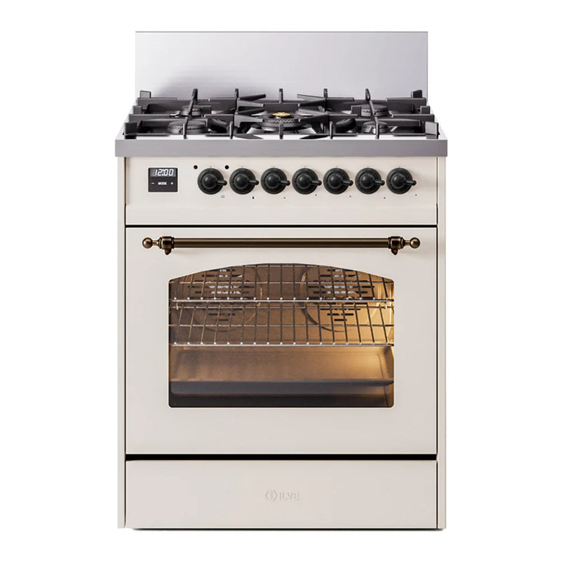 ILVE Nostalgie II 30" Dual Fuel Freestanding Range in Antique White with Burnished Trim, UP30NMPAWBLP