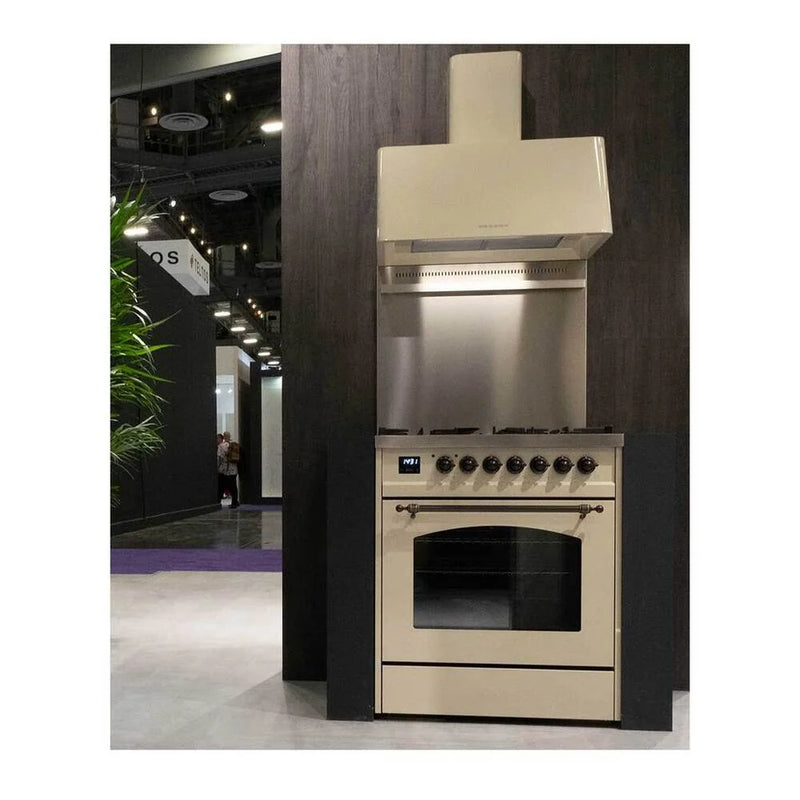 ILVE Nostalgie II 30" Dual Fuel Freestanding Range in Antique White with Burnished Trim, UP30NMPAWBLP