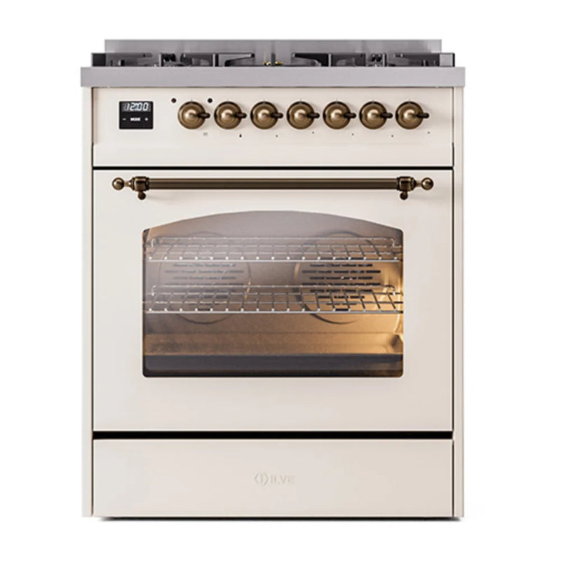 ILVE Nostalgie II 30" Dual Fuel Freestanding Range in Antique White with Burnished Trim, UP30NMPAWBLP