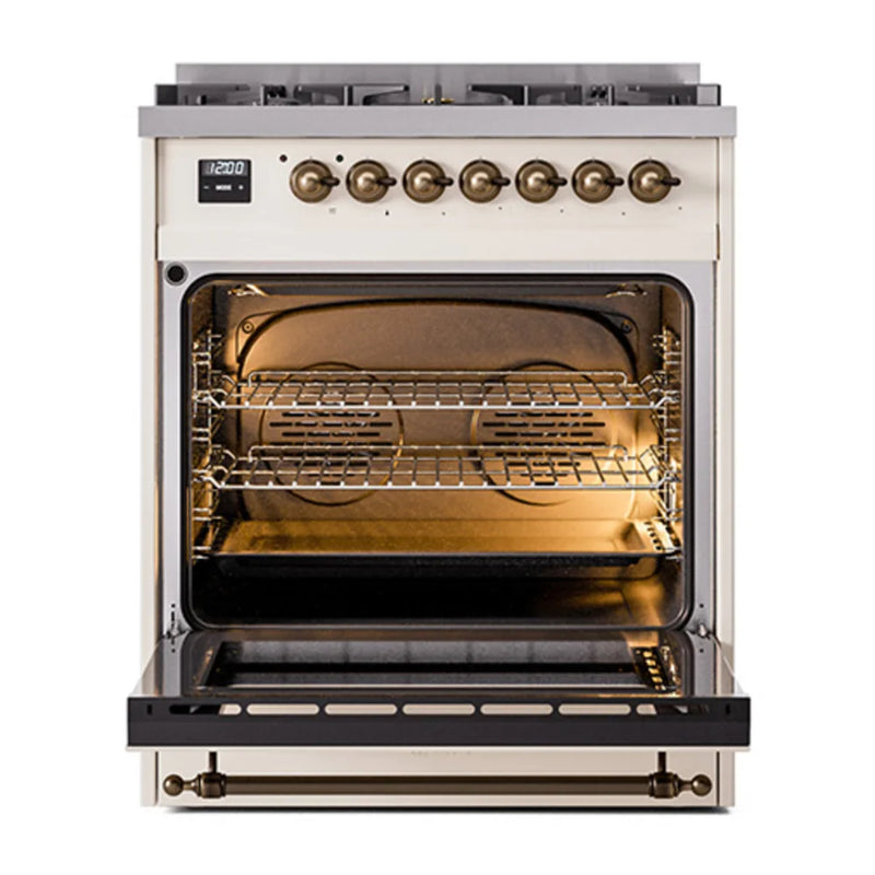 ILVE Nostalgie II 30" Dual Fuel Freestanding Range in Antique White with Burnished Trim, UP30NMPAWB