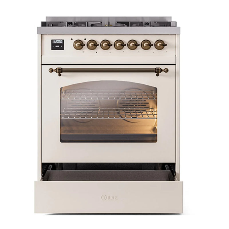 ILVE Nostalgie II 30" Dual Fuel Freestanding Range in Antique White with Burnished Trim, UP30NMPAWB