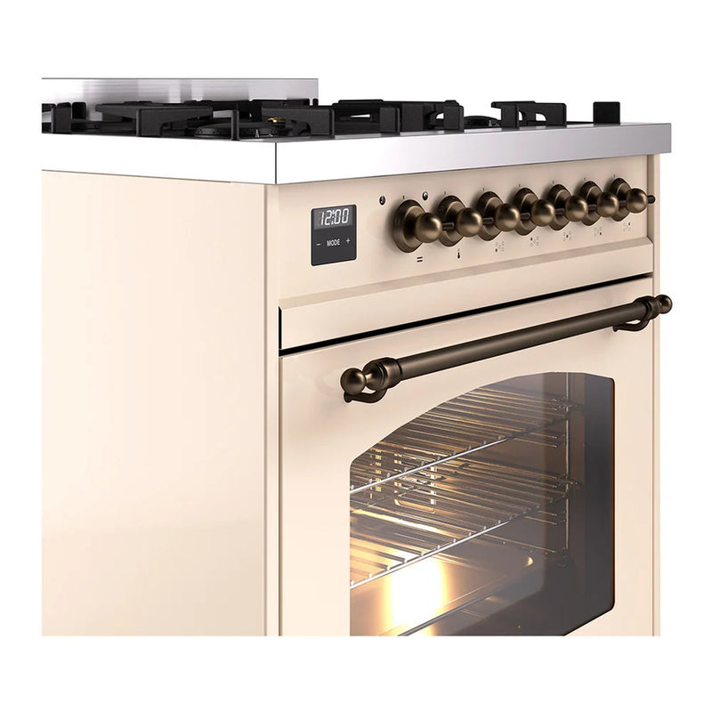 ILVE Nostalgie II 30" Dual Fuel Freestanding Range in Antique White with Burnished Trim, UP30NMPAWB