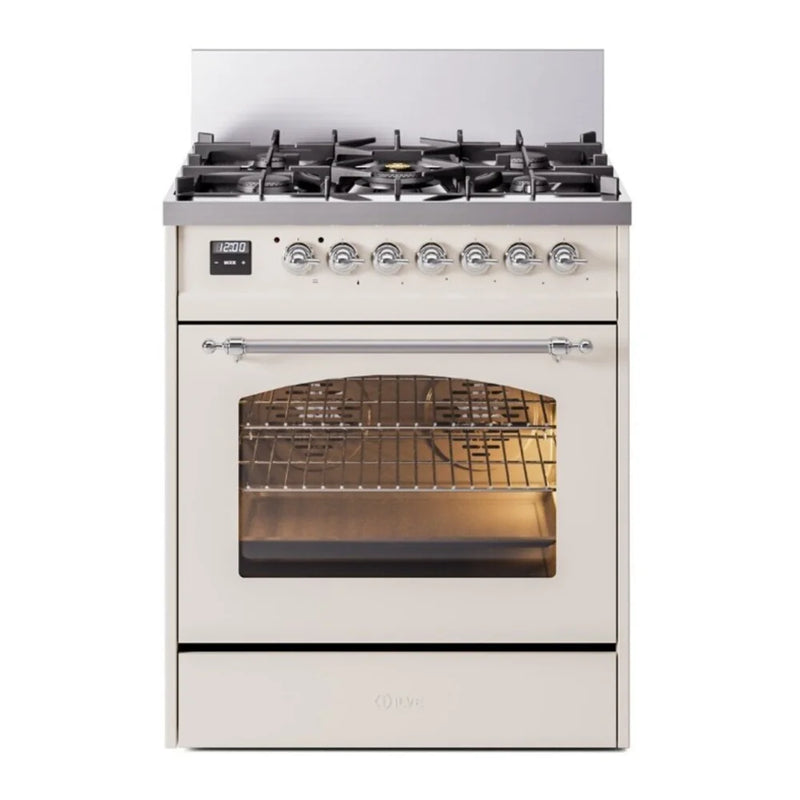 ILVE Nostalgie II 30" Dual Fuel Freestanding Range in Antique White with Chrome Trim, UP30NMPAWCLP
