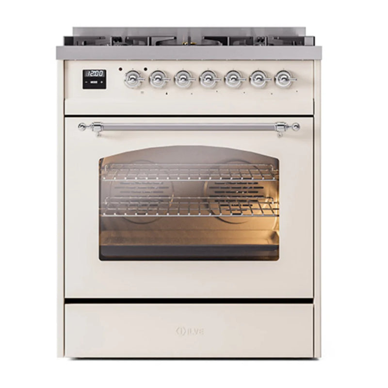 ILVE Nostalgie II 30" Dual Fuel Freestanding Range in Antique White with Chrome Trim, UP30NMPAWCLP