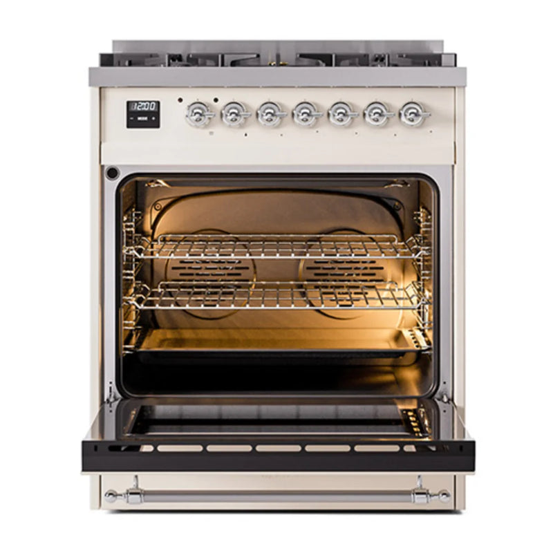 ILVE Nostalgie II 30" Dual Fuel Freestanding Range in Antique White with Chrome Trim, UP30NMPAWCLP