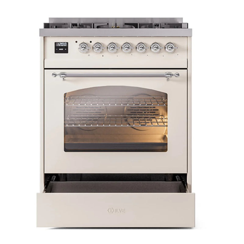 ILVE Nostalgie II 30" Dual Fuel Freestanding Range in Antique White with Chrome Trim, UP30NMPAWCLP