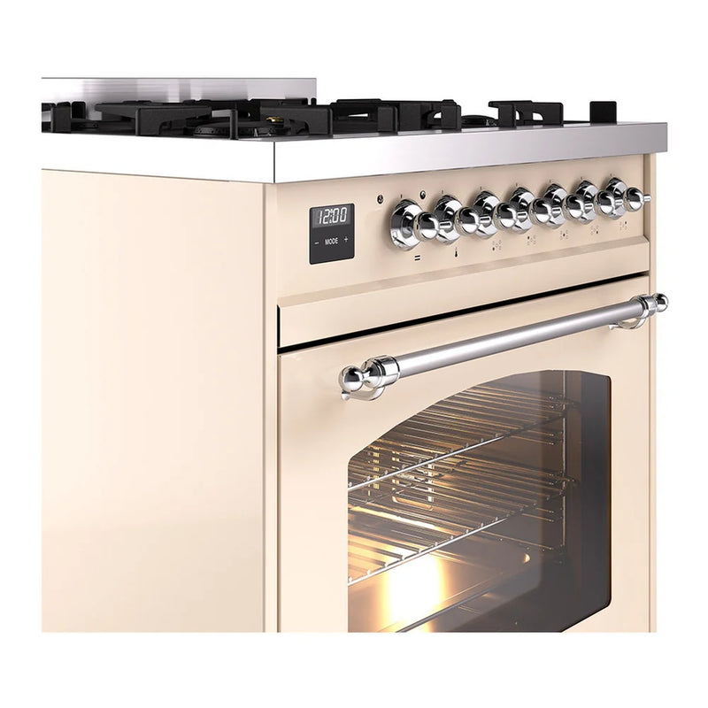 ILVE Nostalgie II 30" Dual Fuel Freestanding Range in Antique White with Chrome Trim, UP30NMPAWC