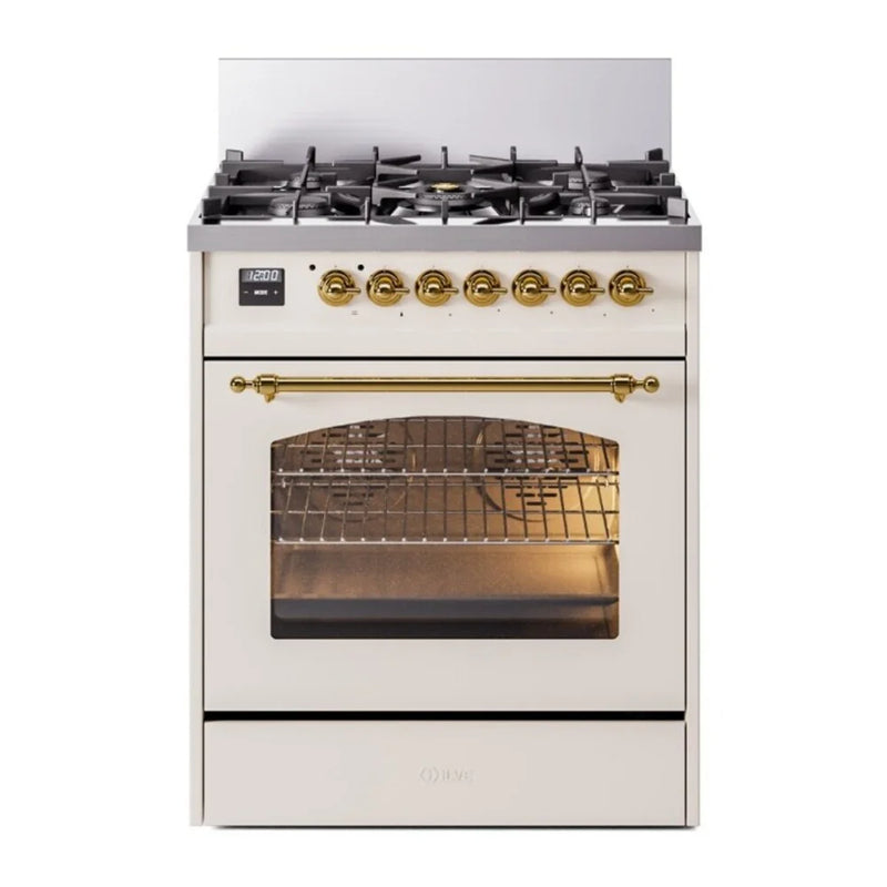 ILVE Nostalgie II 30" Dual Fuel Freestanding Range in Antique White with Brass Trim, UP30NMPAWGLP