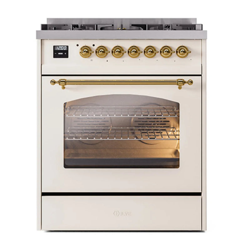 ILVE Nostalgie II 30" Dual Fuel Freestanding Range in Antique White with Brass Trim, UP30NMPAWGLP