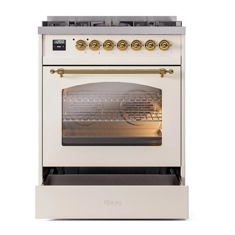 ILVE Nostalgie II 30" Dual Fuel Freestanding Range in Antique White with Brass Trim, UP30NMPAWGLP