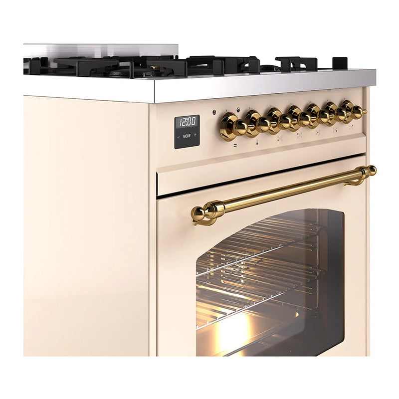 ILVE Nostalgie II 30" Dual Fuel Freestanding Range in Antique White with Brass Trim, UP30NMPAWGLP
