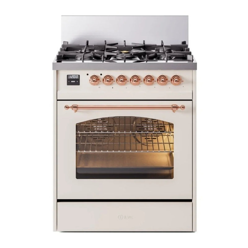 ILVE Nostalgie II 30" Dual Fuel Freestanding Range in Antique White with Copper Trim, UP30NMPAWP
