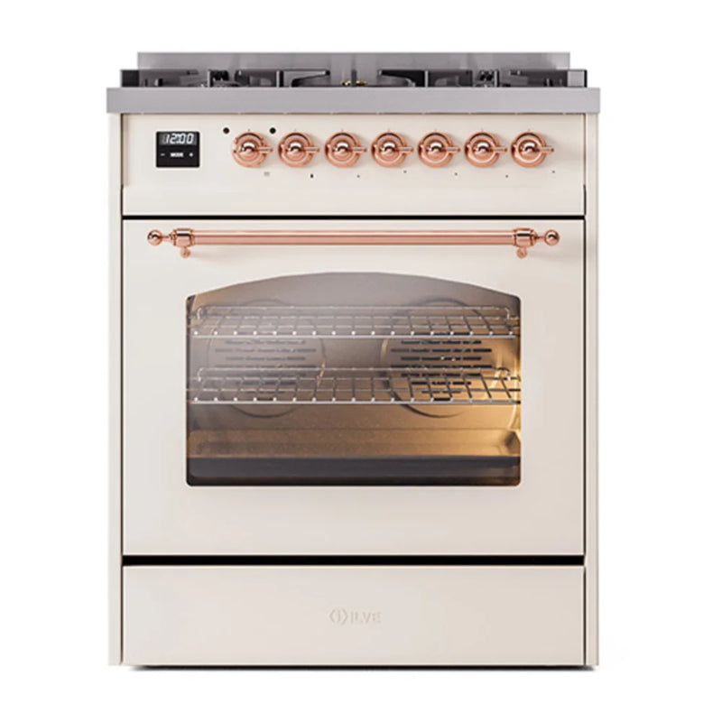 ILVE Nostalgie II 30" Dual Fuel Freestanding Range in Antique White with Copper Trim, UP30NMPAWP