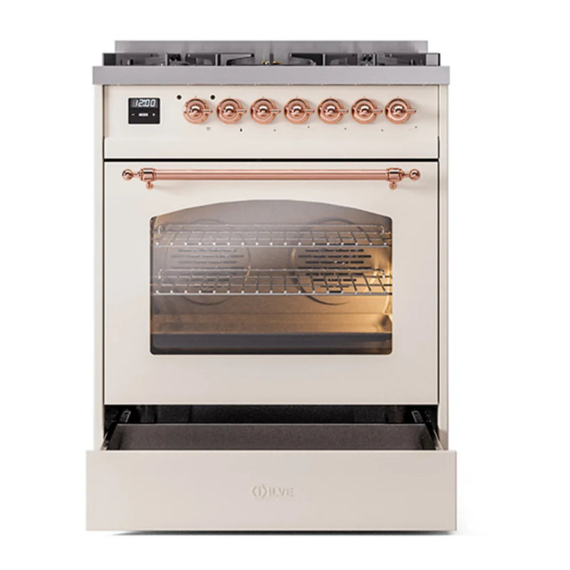 ILVE Nostalgie II 30" Dual Fuel Freestanding Range in Antique White with Copper Trim, UP30NMPAWP