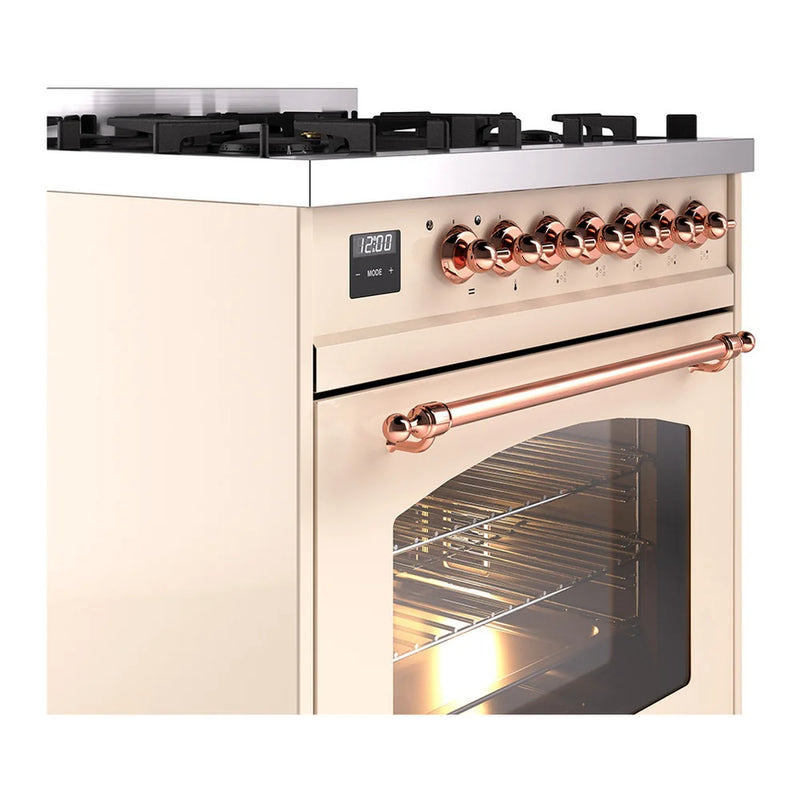 ILVE Nostalgie II 30" Dual Fuel Freestanding Range in Antique White with Copper Trim, UP30NMPAWP