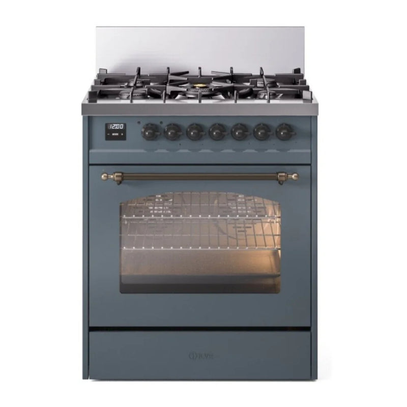 ILVE Nostalgie II 30" Dual Fuel Freestanding Range in Blue Grey with Burnished Trim, UP30NMPBGBLP