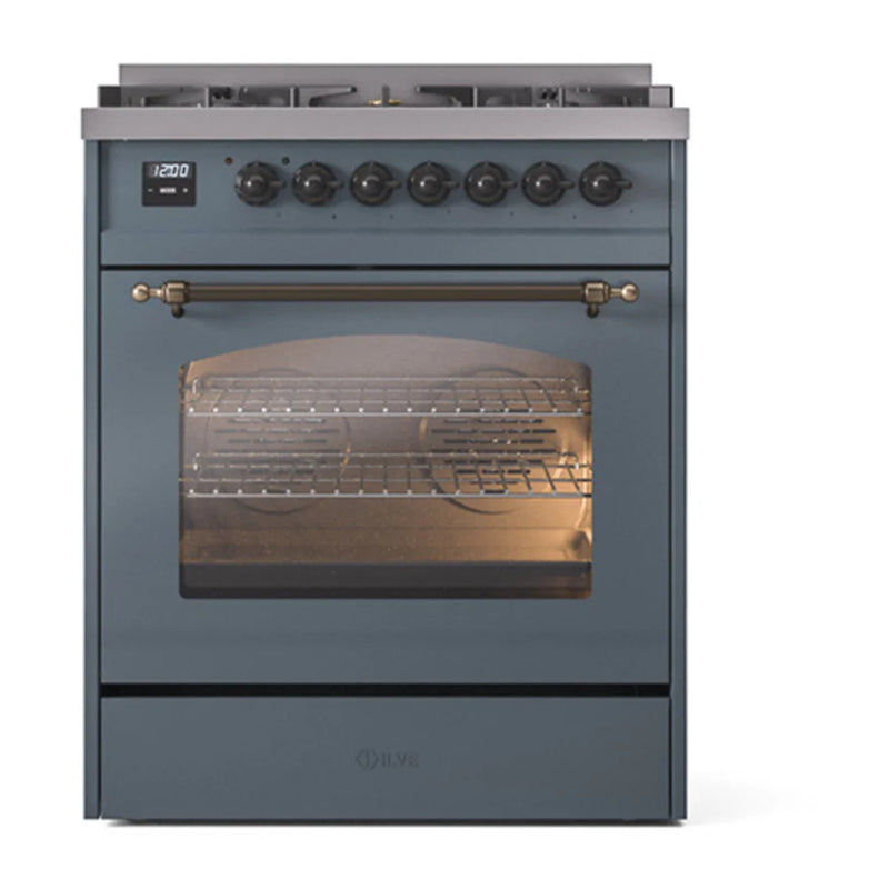 ILVE Nostalgie II 30" Dual Fuel Freestanding Range in Blue Grey with Burnished Trim, UP30NMPBGBLP