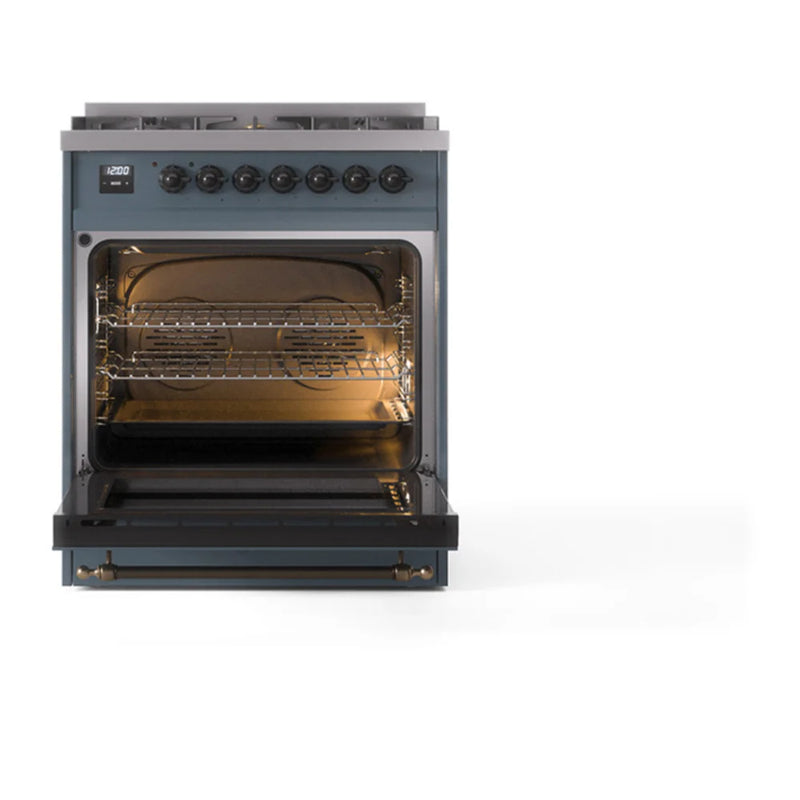 ILVE Nostalgie II 30" Dual Fuel Freestanding Range in Blue Grey with Burnished Trim, UP30NMPBGBLP