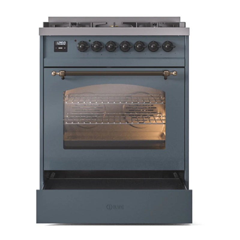 ILVE Nostalgie II 30" Dual Fuel Freestanding Range in Blue Grey with Burnished Trim, UP30NMPBGBLP