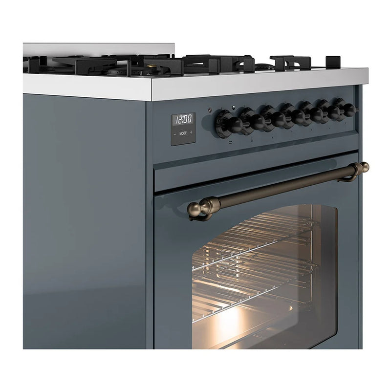 ILVE Nostalgie II 30" Dual Fuel Freestanding Range in Blue Grey with Burnished Trim, UP30NMPBGB