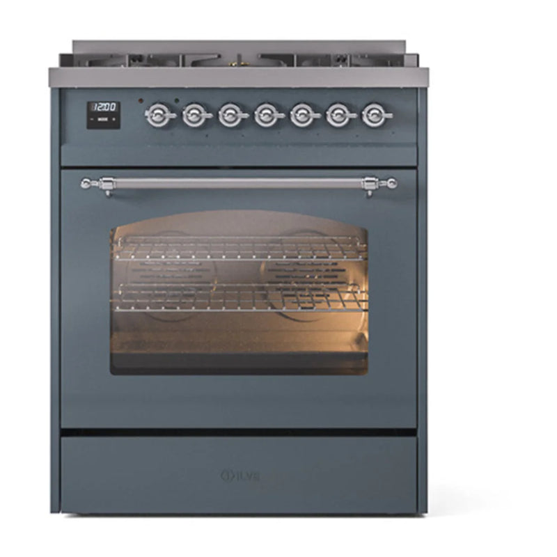 ILVE Nostalgie II 30" Dual Fuel Freestanding Range in Blue Grey with Chrome Trim, UP30NMPBGCLP