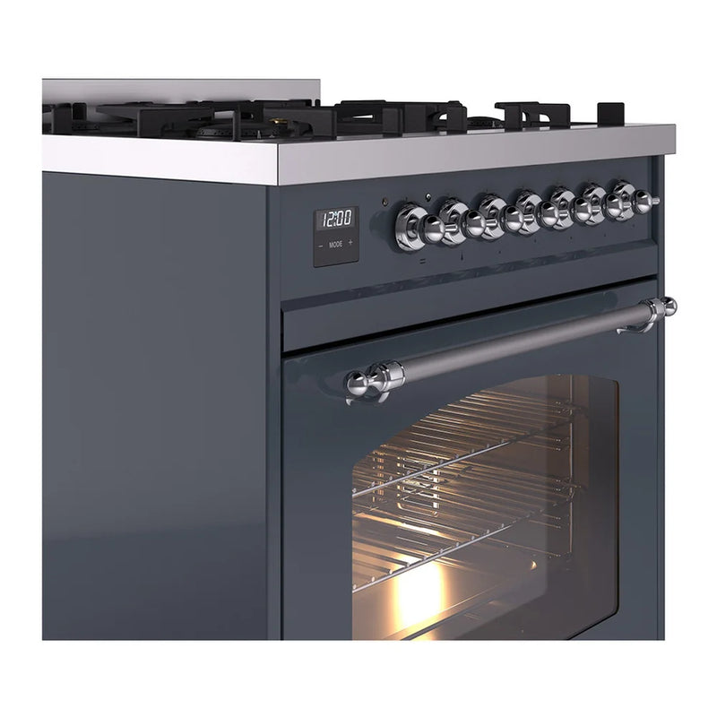 ILVE Nostalgie II 30" Dual Fuel Freestanding Range in Blue Grey with Chrome Trim, UP30NMPBGCLP