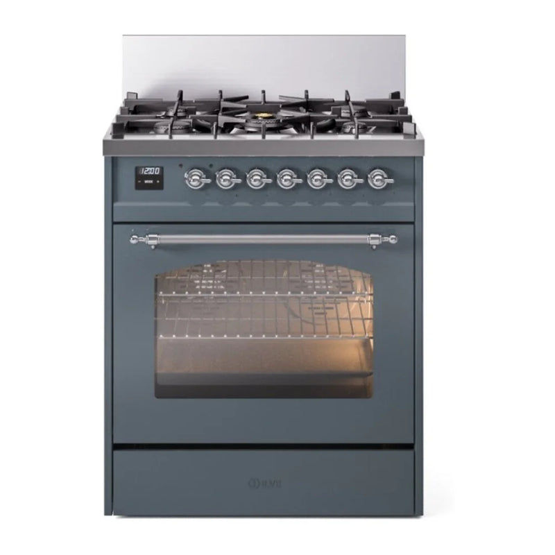 ILVE Nostalgie II 30" Dual Fuel Freestanding Range in Blue Grey with Chrome Trim, UP30NMPBGC