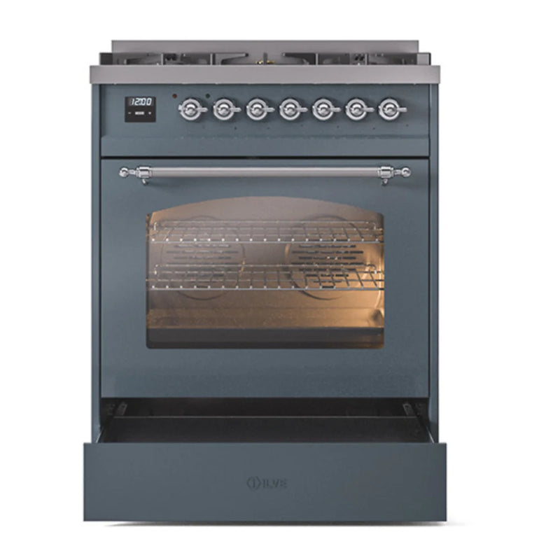 ILVE Nostalgie II 30" Dual Fuel Freestanding Range in Blue Grey with Chrome Trim, UP30NMPBGC