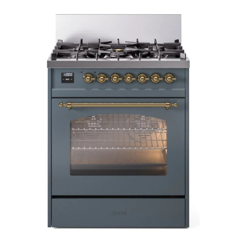 ILVE Nostalgie II 30" Dual Fuel Freestanding Range in Blue Grey with Brass Trim, UP30NMPBGGLP