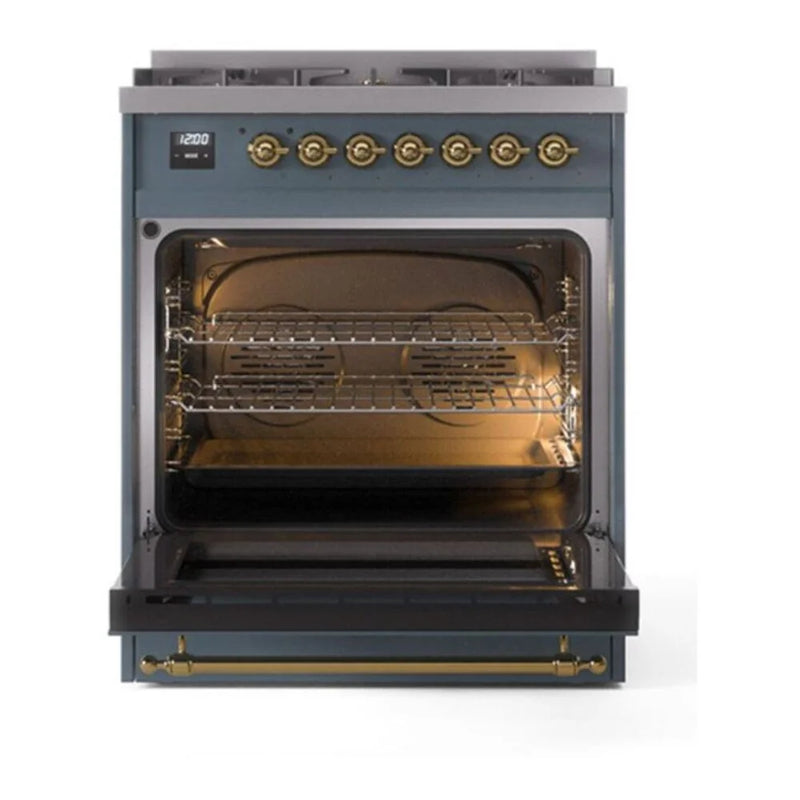 ILVE Nostalgie II 30" Dual Fuel Freestanding Range in Blue Grey with Brass Trim, UP30NMPBGGLP