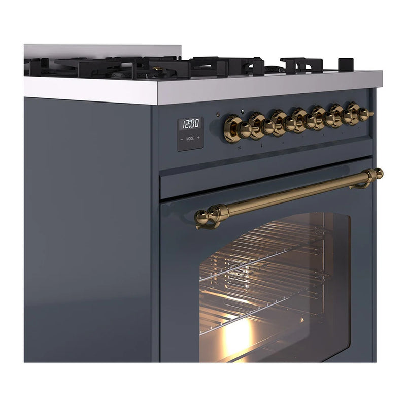 ILVE Nostalgie II 30" Dual Fuel Freestanding Range in Blue Grey with Brass Trim, UP30NMPBGGLP