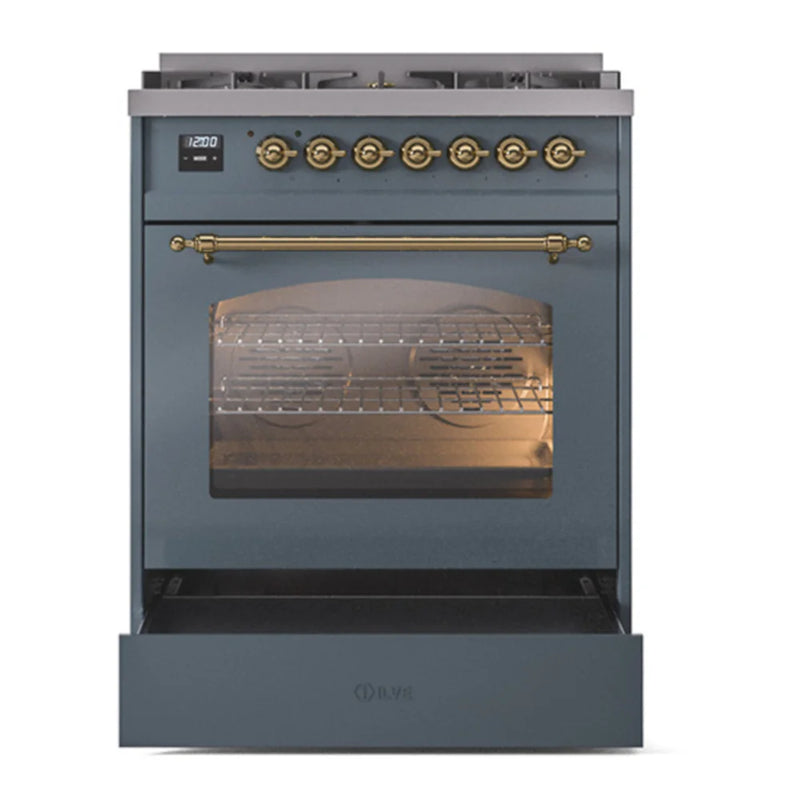 ILVE Nostalgie II 30" Dual Fuel Freestanding Range in Blue Grey with Brass Trim, UP30NMPBGGLP