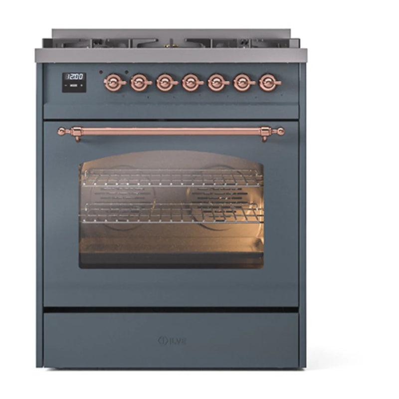 ILVE Nostalgie II 30" Dual Fuel Freestanding Range in Blue Grey with Copper Trim, UP30NMPBGPLP