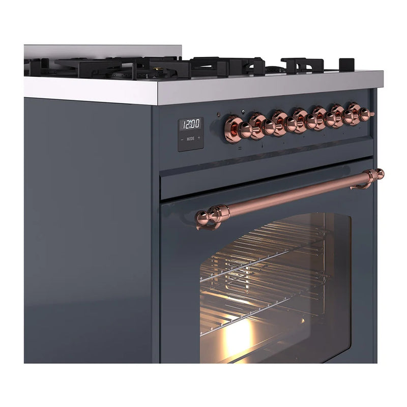 ILVE Nostalgie II 30" Dual Fuel Freestanding Range in Blue Grey with Copper Trim, UP30NMPBGPLP