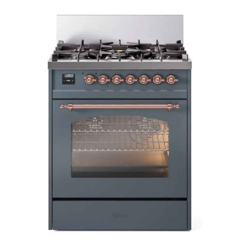 ILVE Nostalgie II 30" Dual Fuel Freestanding Range in Blue Grey with Copper Trim, UP30NMPBGP