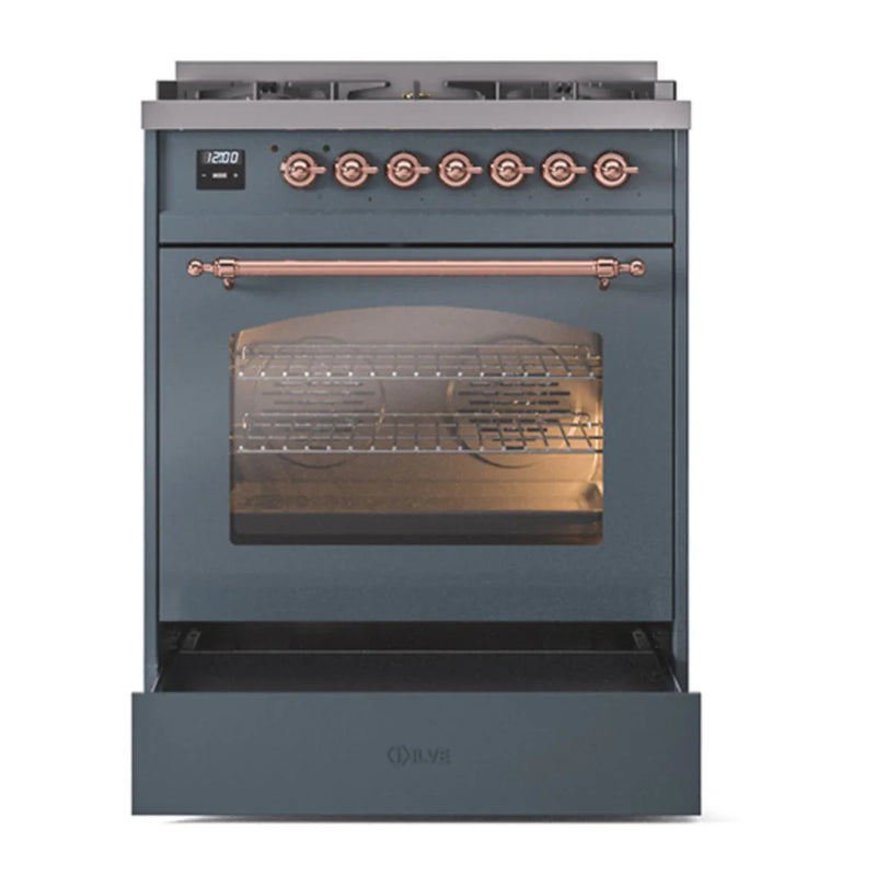 ILVE Nostalgie II 30" Dual Fuel Freestanding Range in Blue Grey with Copper Trim, UP30NMPBGP