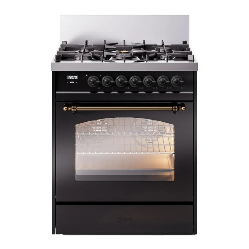ILVE Nostalgie II 30" Dual Fuel Freestanding Range in Glossy Black with Burnished Trim, UP30NMPBKBLP