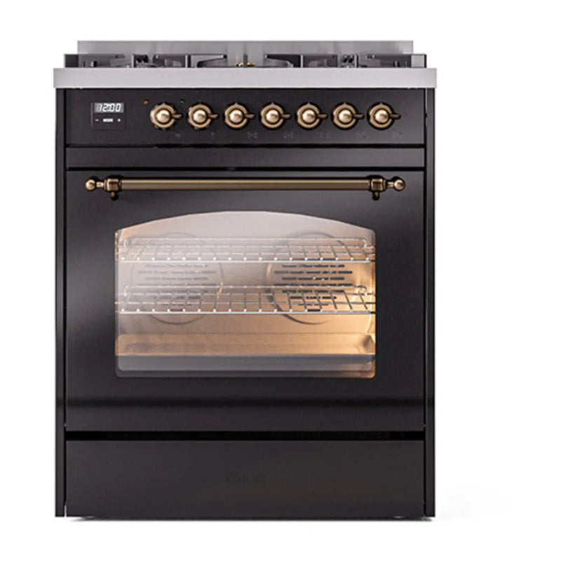 ILVE Nostalgie II 30" Dual Fuel Freestanding Range in Glossy Black with Burnished Trim, UP30NMPBKBLP
