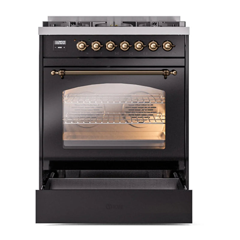 ILVE Nostalgie II 30" Dual Fuel Freestanding Range in Glossy Black with Burnished Trim, UP30NMPBKB
