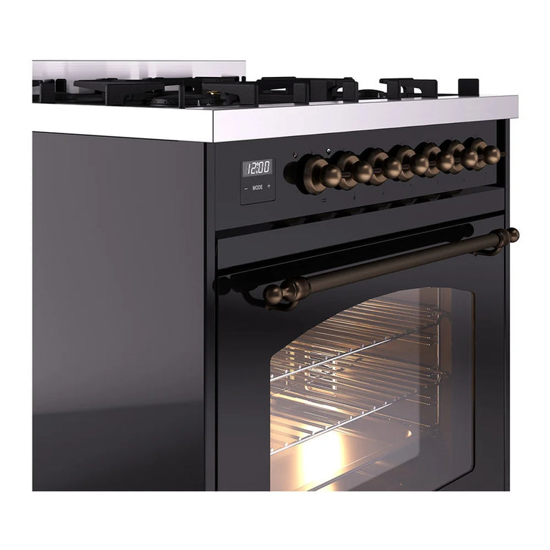 ILVE Nostalgie II 30" Dual Fuel Freestanding Range in Glossy Black with Burnished Trim, UP30NMPBKB