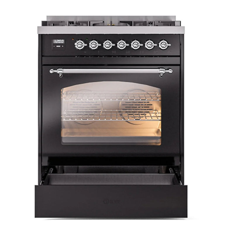 ILVE Nostalgie II 30" Dual Fuel Freestanding Range in Glossy Black with Chrome Trim, UP30NMPBKCLP