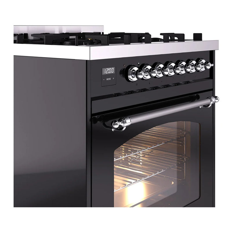 ILVE Nostalgie II 30" Dual Fuel Freestanding Range in Glossy Black with Chrome Trim, UP30NMPBKCLP