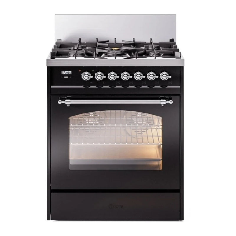 ILVE Nostalgie II 30" Dual Fuel Freestanding Range in Glossy Black with Chrome Trim, UP30NMPBKC