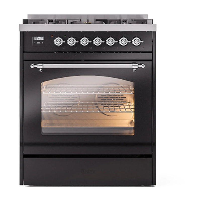 ILVE Nostalgie II 30" Dual Fuel Freestanding Range in Glossy Black with Chrome Trim, UP30NMPBKC